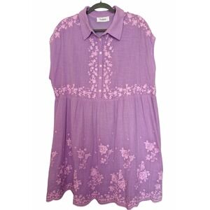 Purple Linen Short Sleeve Embroidered Button Down Dress NWOT Size 2X